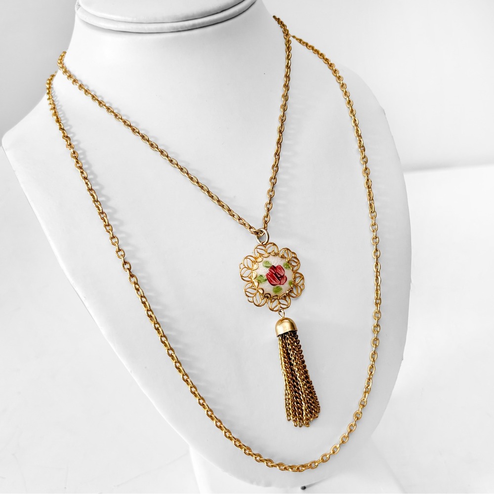 Park Lane Vintage Gold Tone Floral Porcelain Tassel Pendant‎ Long Necklace 32"